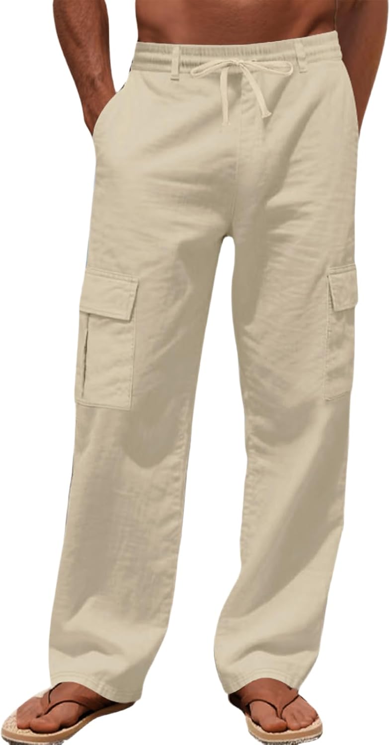 Men's Linen Pants Casual Cargo Pants Elastic Drawstring Waist Straight-Legs Summer Yoga Beach Long Pants with Pockets