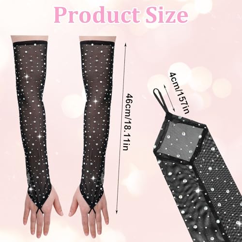 Fingerless Rhinestone Long Gloves, Sparkly Rhinestone Long Mesh Gloves Elbow Length Longs Tulle Mesh Glove2