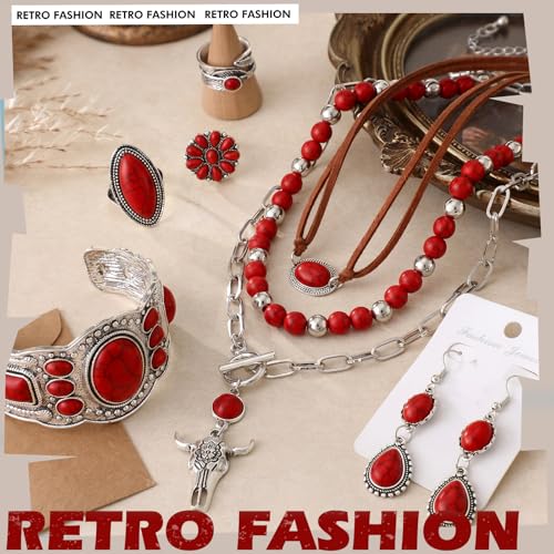 Image of Ecally Bohemian Western Jewelry Turquoise Set Women Country Pendant Long Choker Layered Bracelets Earrings Ring for Women