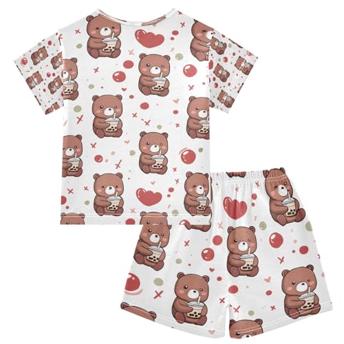 senya Drink Milk Tea Bear Summer Pajamas Set Short Cotton Sleepwear 2 Piece2