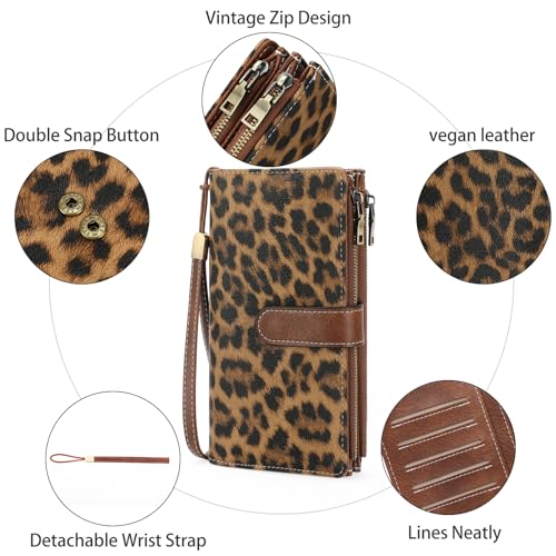 Image of GOIACII Large Wallet for Women Leather Wristlet Leopard Print | RFID Blocking, Multi-card Slots, Detachable Wrist Strap, Trifold Clutch Purse