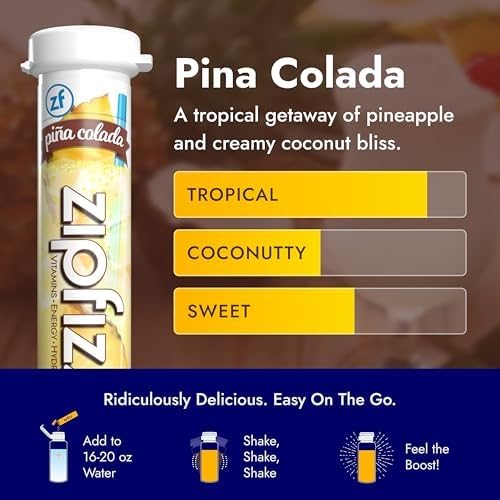Image of Zipfizz Daily Energy Drink Powder, Pina Colada, 20 Pack | 3-in-1 Sustained Energy, Rapid Hydration, and Essential Vitamins | Sugar-Free | Electrolyte Powder | Contains Vitamin B-12 & Antioxidants