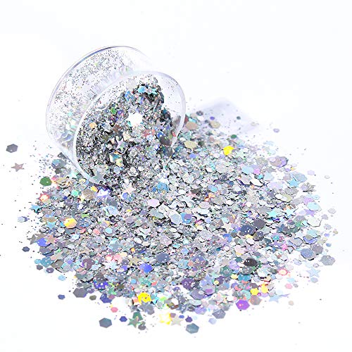 Holographic Chunky Glitter Sequins, 12 Colors Mixed Cosmetic Glitter For Face Body Eye Hair Nail Art Lip Gloss Makeup, Festival Glitter With Different Hexagons Size And Stars (Laser Mix) #TOP3