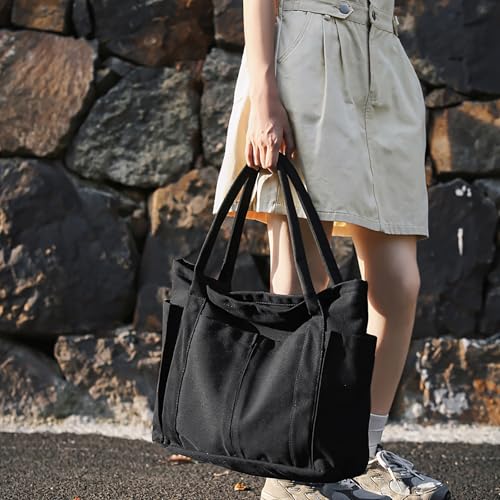 Bolso tote grande de lona Muka con múltiples bolsillos, bolso de hombro resistente, 20" x 14" x 6" miniatura 2