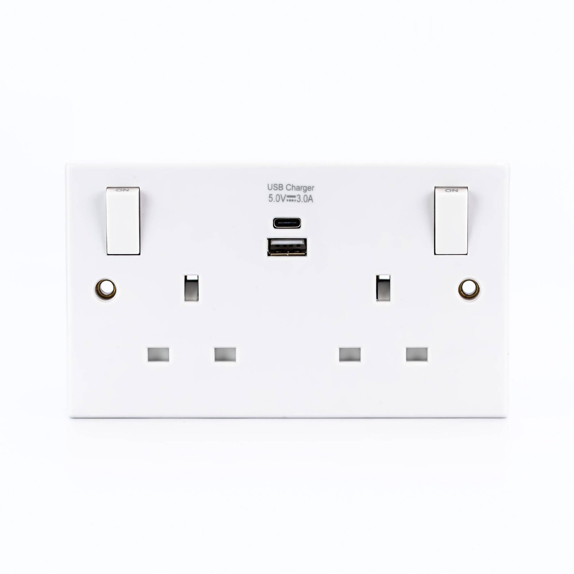STATUS 13A Double Wall Socket with USB-C and Dual USB-A Fast-Charge Ports, 2-Gang Switched Faceplate for Home, Office or Kitchen, White (S2G13ATCAUSBSWS4)