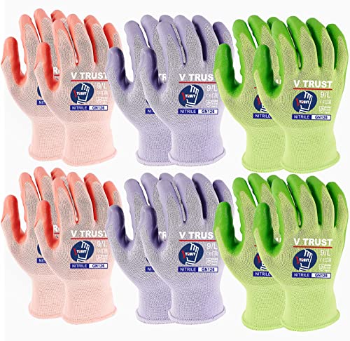 V TRUST Gardening Gloves with Micro-Foam Coating 6 Pairs-Garden Glove Texture Grip-Working Gloves for Weeding, Digging, Raking and Pruning, Large
