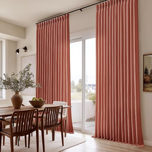 Image of Rust Pinch Pleated Semi Sheer Linen Curtains 96 Inch Long Rustic Drapes | Terracotta, Light Filtering Privacy, Bedroom Living Room, Faux Linen Textured, Hook Rings Memory Shape, Farmhouse Cottage