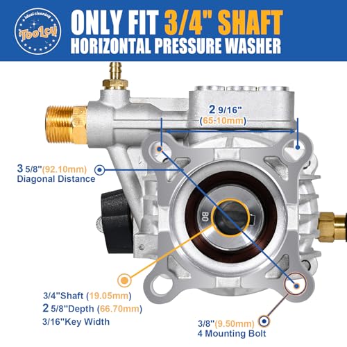 TOOLCY 3/4" Shaft Horizontal Pressure Washer Pump - Max 3100 PSI @ 2.5 GPM - Power Washer Pump for Gas Washer - Replacement Pump for Honda, Simpson, Ryobi etc.