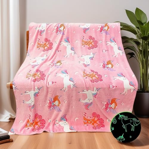 Kuscheldecke Kinder,Einhorn Decke Kuscheldecke Leuchtet im Dunkeln, Einhorn Geschenke für mädchen Super Weiche & Warme Decke (Einhorn-05, 150x200 cm)