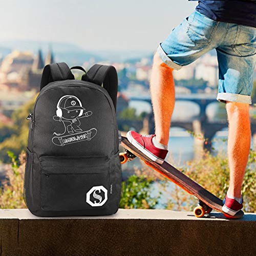 Pawsky Skateboard Anime Luminous Backpack School Backpack With Usb Charging Port, Anti Theft Lock And Pencil Case For Teen Boys And Girls, College School Bookbag Lightweight Laptop Bag, Black #TOP6