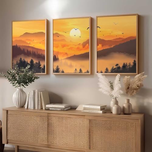 Image of kotart Big Aesthetic Sunset View Wall Art Paintings | Mountains Landscape Framed Painting | Vastu Frames for Living Room Bedroom Wall Decor Set Of 3 (13X17 inch)
