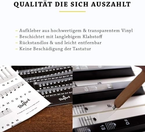 BELFORT® naklejki na klawisze pianina + keyboard na 49, 61, 76, 88 klawiszy + ebook, naklejki na pianino kompletny zestaw do czarnych i białych klawiszy, C-D-E-F-G-A-H, prosta instrukcja w języku niemieckim