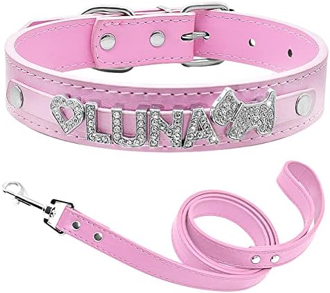 Personalized PU Leather Dog Collar with Bling Name,Custom Sparkling Rhinestone Name Dog Collar and Leash Set for Small Medium and Large Dogs(XS,Pink Set)
