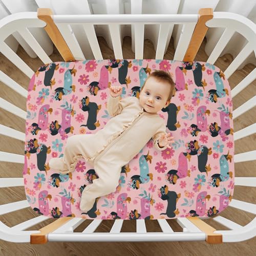 Image of Crib Sheet Breathable Soft Crib Mattress Sheet for Baby Toddler Boys Girls Fitted Crib Sheet Fit Standard Crib Mattress 52 x 28 Inch Cute Dachshunds Flowers Pink