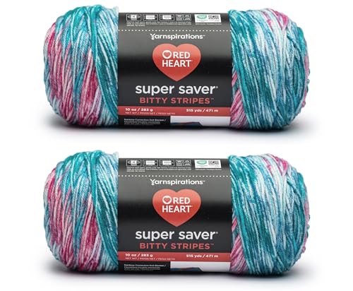 Red Heart Super Saver Bitty Stripes Lollies Yarn - 2 Pack of 283g/10oz - 100% Acrylic - #4 Worsted (Medium) - 515 Yards - Knitting/Crochet