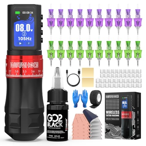 Image of Wormhole Wireless Tattoo Gun Kit 2300mAh Battery for Artists & Beginners | 7 Stroke Lengths, Smart Tattoo Machine with Digital Display, Xtreme Tattoo Ink & 20 Needles Professional Tattoo Gun