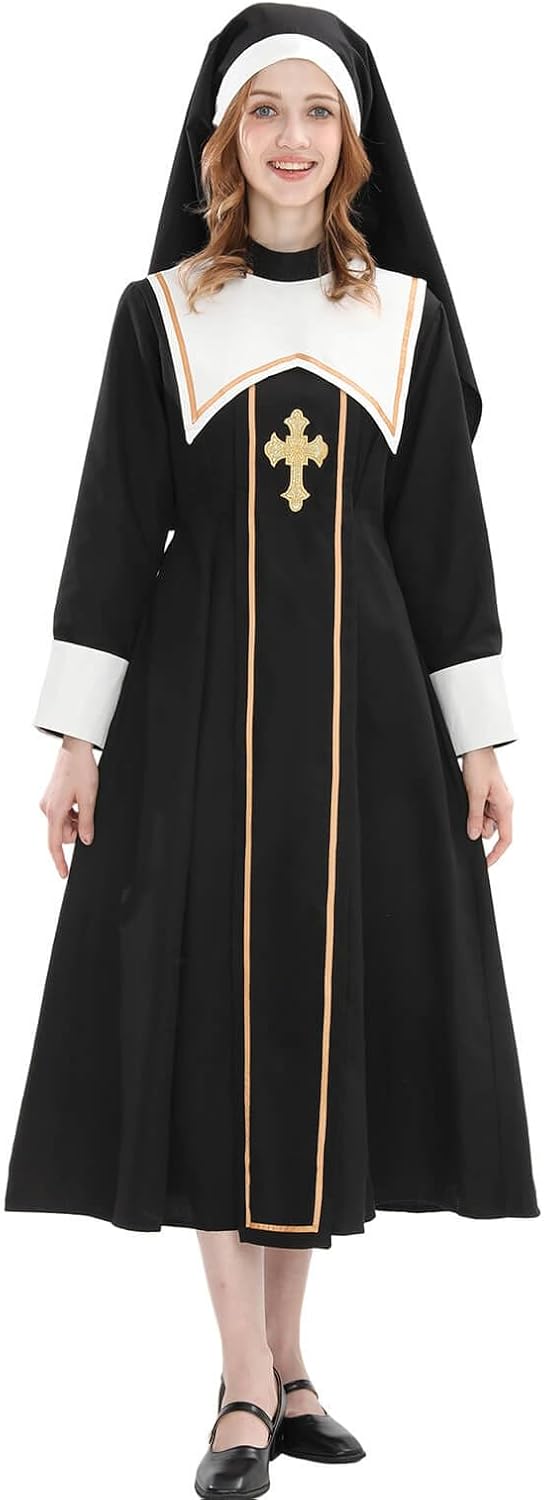 Nuoqi Nun Costume Woman Gothic Dress with Headpiece Halloween Cosplay Nun Outfit Set