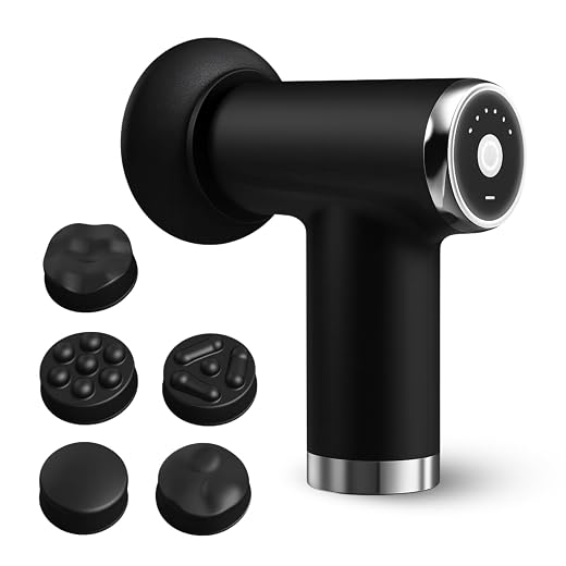 Massageador Portátil Profissional, 6 Níveis de Intensidade, 5 Cabeçotes Intercambiáveis, Bateria Recarregável USB, Motor Silencioso, Alívio Muscular e Relaxamento Corporal