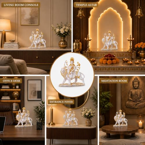 Image of ARMONIA Goddess Durga Idol Sherawali Mata Murti for Home Temple Mandir | Maa Durga Statue for Pooja Room Decor |Marble Dust| Best Gift for Navratri & Housewarming 10 Inch (1 Microfiber Cleaning Cloth)