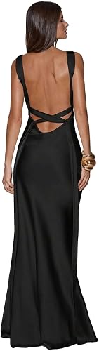 Satin Backless Dress Sleeveless Deep V Neck Silk Maxi Formal Dresses