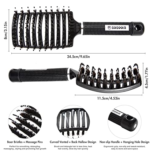 Hair Brush, Sosoon Upgraded Boar Bristle Detangling Brush For Fast Blow Drying, Curved Vented Styling Hairbrushes With Ultra-Soft Bristles For All Hair Types For Men Women Kids Wet & Dry Hair, Black #TOP1