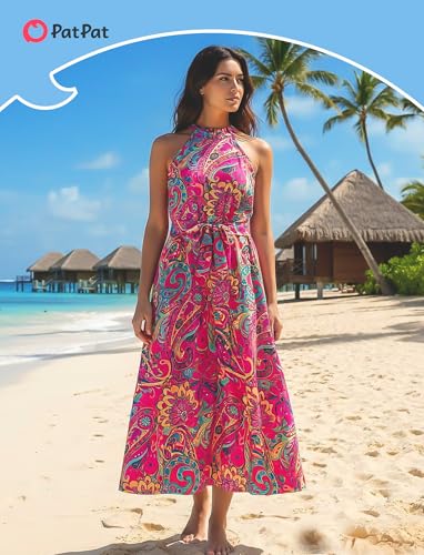Image of PATPAT Family Hawaiian Matching Outfits - Mommy and Me Vacation Outfits | Halter Sundresses and Button Down Shirts,Caribbean Vacation Summer Tropical Outfits,Hawaiian Boho Tropical Floral Printed