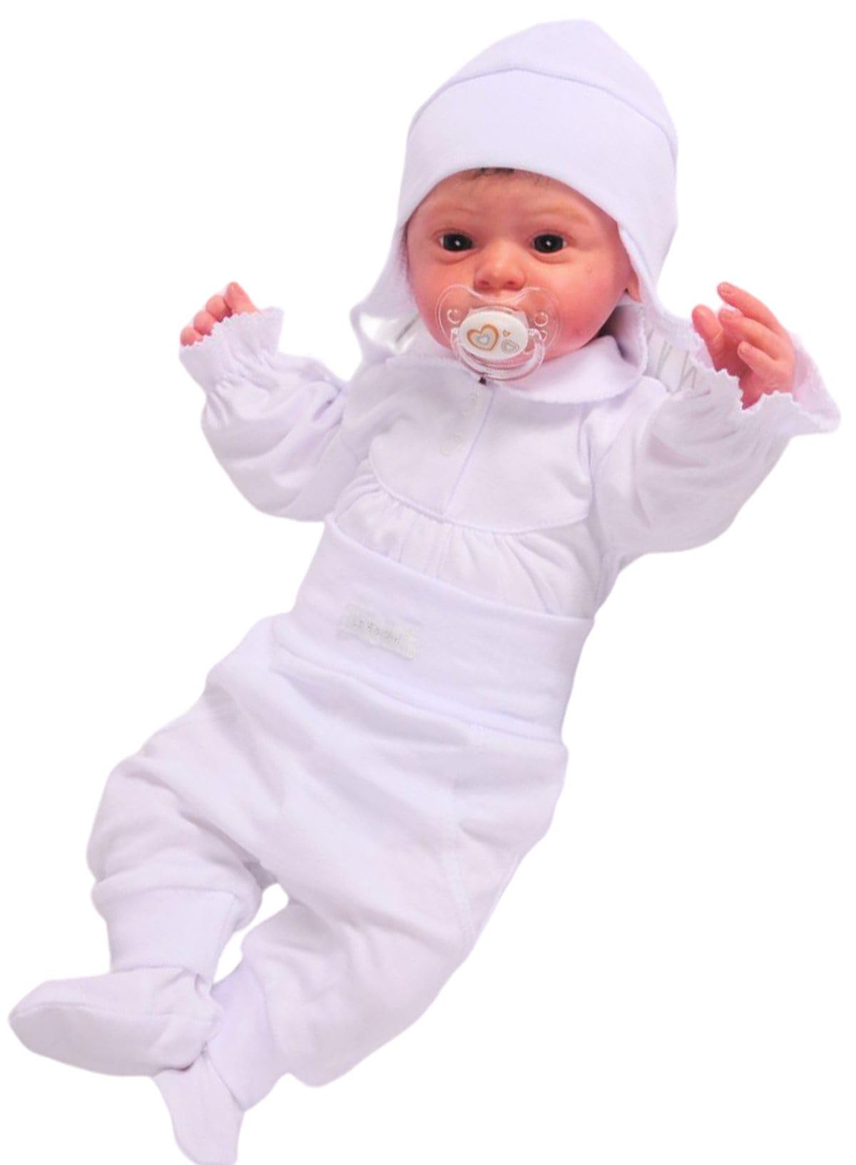Baby Anzug 3-teilig Set Body Hose mit Fuß Mütze Weiß Mädchen Babykleidung Neugeborene bequem weich Babyset Geschenk Geburt Erstlingskleidung Babymode atmungsaktiv Baby Outfit