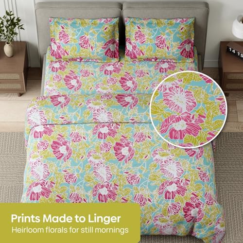 Image of haus & kinder Double Bedsheet for Queen Size Bed | 90 x 100 Inches 186 TC Cotton Bedsheet for Double Bed with 2 Pillow Covers - Petal Veranda Multi