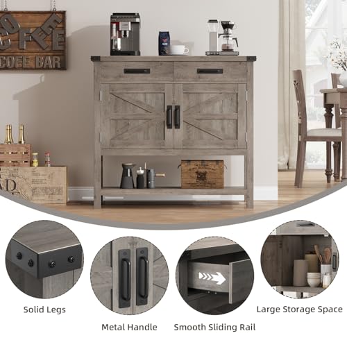 Farmhouse Console Table with 2-Door Cabinet & 2 Drawers, Coffee Bar, Entryway Table with Storage Shelf, Sofa Tables Buffet Sideboard for Kitchen, Hallway, Dining, Living Room, Grey