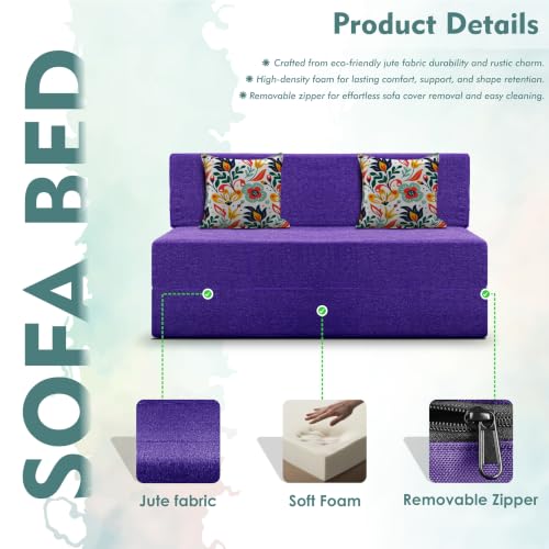Image of Los Angeles Foldable Two Seater Sofa Cum Bed, Sofa Bed 4 X 6 Feet Jute Fabric Washable Cover- Including Cushion Perfect for Living Room - Purple