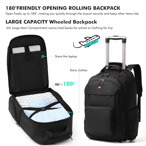 Rolling Backpack for Laptop 15.6 inch, Waterproof Travel Bag with Wheels, Business Carry on Luggage, Multi-compartments, Adjustable Aluminum Telescopic Handle, Black3