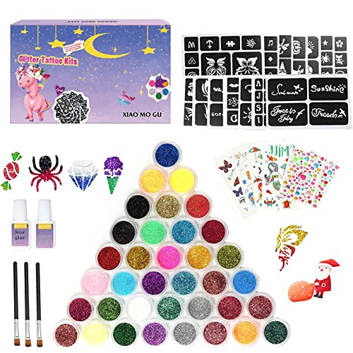 Glitter Tattoo Kit, Temporary Tattoo for Kids Christmas- 36 Colors Glitter, 135 Tattoo Stencils, Unique Rhinestones and