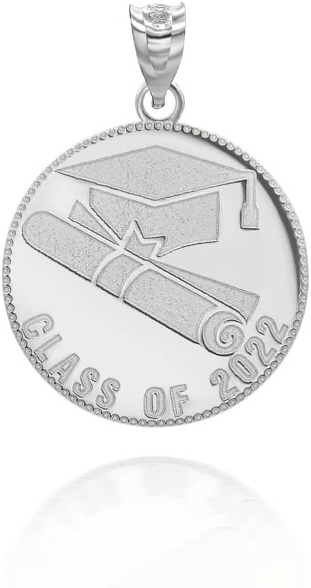 Personalized Name 14k White Gold Diploma & Cap Charm Class of 2022 Graduation Round Pendant Necklace Choice of Pendant Only or Necklace Chain Length