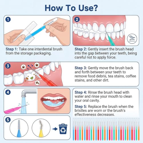 Image of 100 Pcs Interdental Brushes, 5 Sizes Braces Flossers for Cleaner Braces Brush Soft Dental Brushes Toothpicks Dental Floss Picks Dental for Braces Oral Cleaning(5 Colors)