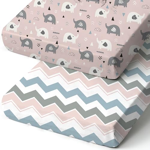 Image of Pack n Play Sheets, BROLEX 2 Pack Mini Crib Sheets,Stretchy Portable Fitted Playard Sheet Set, Convertible Playard Mattress Cover,Ultra Soft Breathable Material,Elephants Waves