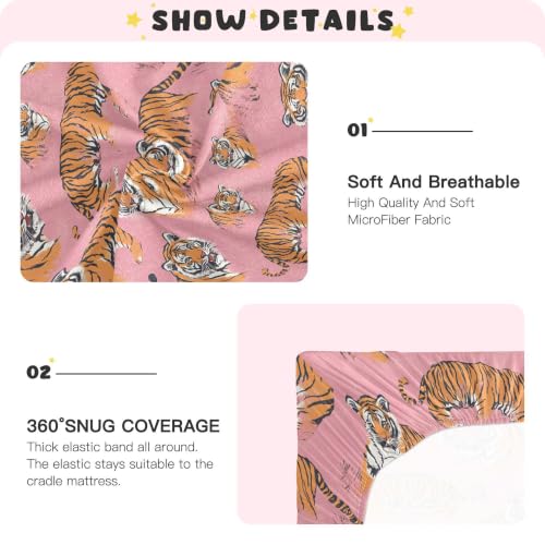 Image of Vintage Cute Tigers Pinks Crib Sheets Soft Breathable Fitted Baby Crib Sheets Mattress Cover for Girls Boys, 52 inch x 28 inch x 9 inch