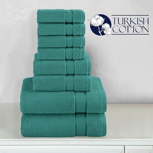 Image of Elegant Comfort Premium Cotton 8-Piece Towel Set, Includes 4 Washcloths, 2 Hand Towels and 2 Bath Towels, 100% Turkish Cotton - Highly Absorbent and Super Soft Towels for Bathroom, Turquoise