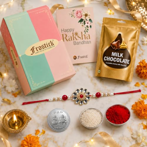 Image of Frostick Designer Rakhi With Branded Chocolate for Bhaiya /Bhai /Brother With Greeting Card, Tilak Chawal and Silver coin (Random Design Rakhi)