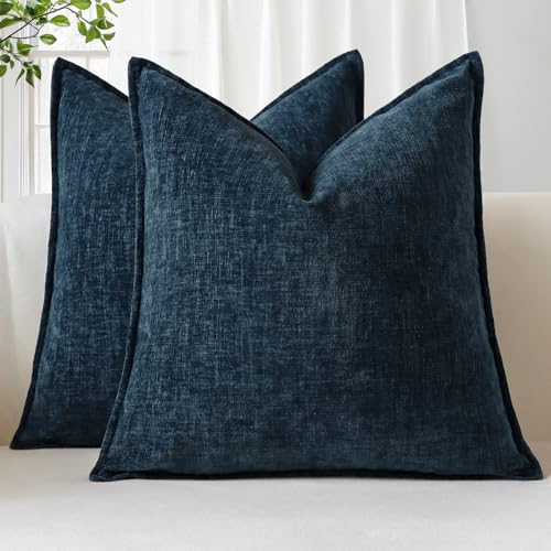 Sungeek Set of 2 Soft Chenille Cushion Covers 60x60cm Square Decorative Throw Pillow Covers with Stitched Edge Solid Dyed Pillow Cases Covers for Home Decor Couch Sofa Bed Living Room Navy Blue