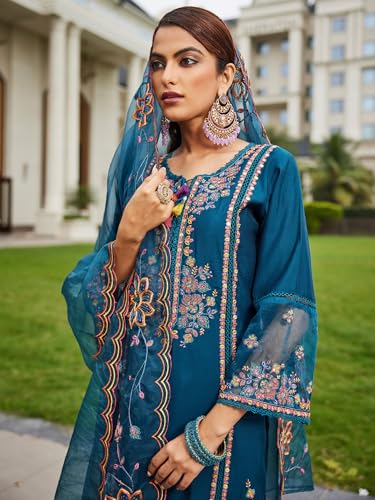 Image of INDO ERA Women's Silk Blend Embroidered Straight Kurta Pant with Dupatta (Ieout6967)