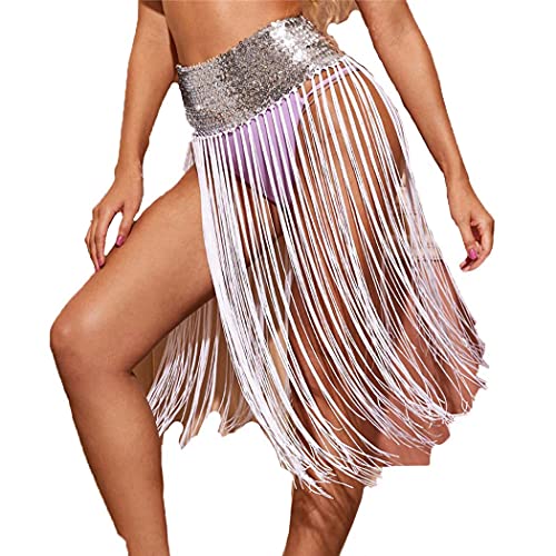 XXO Grestal Women's Belly Dancing Skirts Dance Waist Chain Hip Tassel Scarf Belt Sequins Wrap Skirt (A-Silver), 66