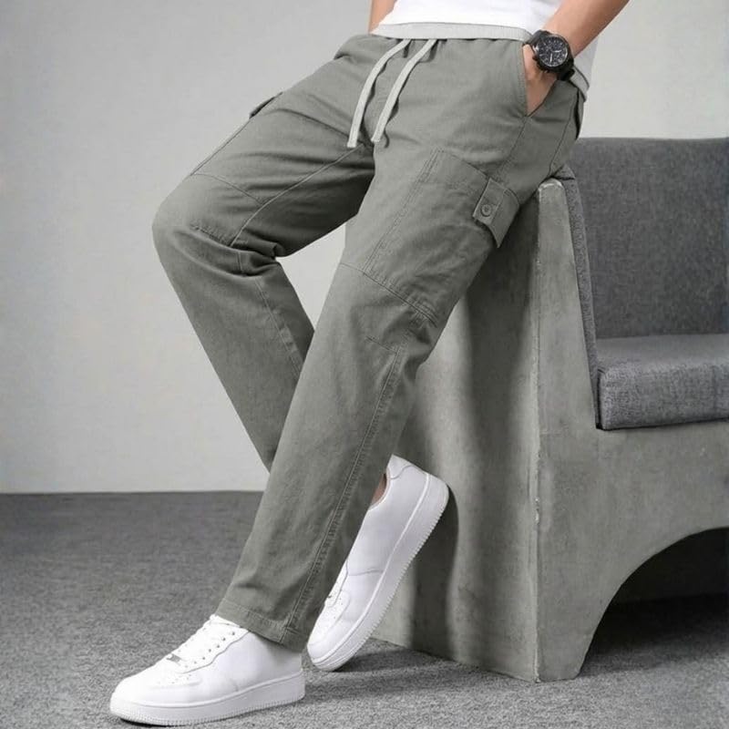 Image of Cargo for Men | Cotton Cargo Pant | Lower for man | Elastic Drawstring Waist Straight Fit Bottoms | Comfortable Breathable Summer Cargos for Casual, Office Wear
