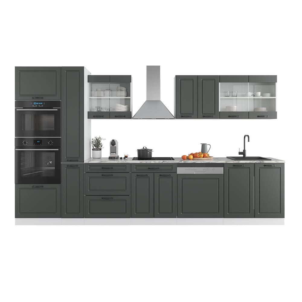 Vicco Küchenzeile R-Line, Anthrazit Landhaus/Weiß, 350 cm | mit Hochschrank, ohne Arbeitsplatte, zur individuellen Anordnung und Erweiterung geeignet
