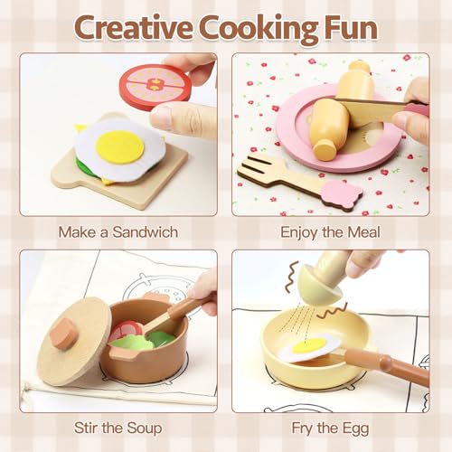 Crelloci Wooden Kitchen Playset for Kids, 45 PCS Pretend Cooking Toy with Velcro-Cutting Food, Pots, Pans & Utensils, Montessori Toddler Cooking Set, Gift for Girls & Boys Ages 3+ - Image 2