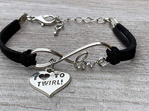 Sportybella Twirling Charm Bracelet – Infinity Black Adjustable Band with Love to Twirl Heart Pendant – Majorette Gift – Includes Jewelry Pouch3