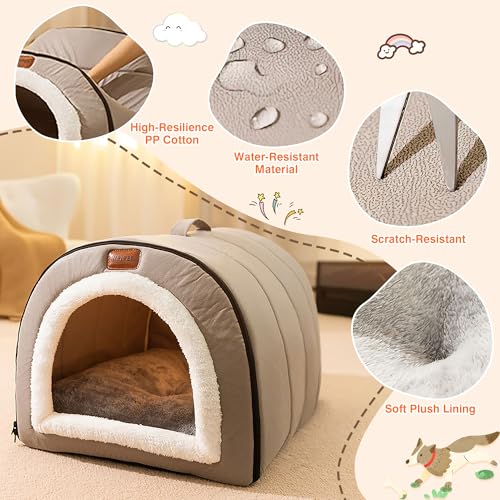 ALLSOPETS Hundehöhle Selbstwärmendes 2-in-1 Faltbares Katzenbett für Katzen und Kleine bis Mittelgroße Hunde, Katzen Iglu Haus Haustierzelt mit Dachhaube und Tragegriffen (Nebelgrau, XL)