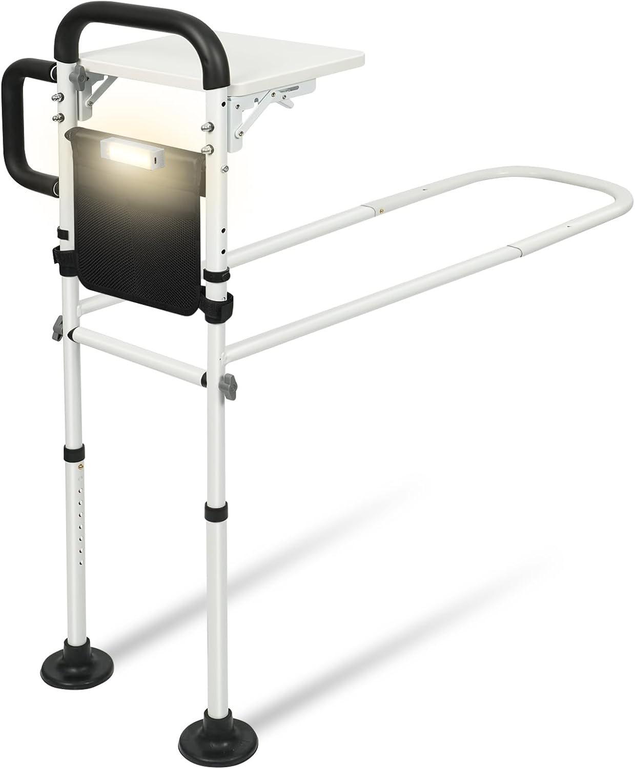 Bed Rail for Elderly Adults Safety,Bed Rails with Foldable Table Board,Storage Pocket,Sensor Light,Height Adjustable Bedside Assist Rail with Non-Slip Ergonomic Handle&Reinforced Support Bar