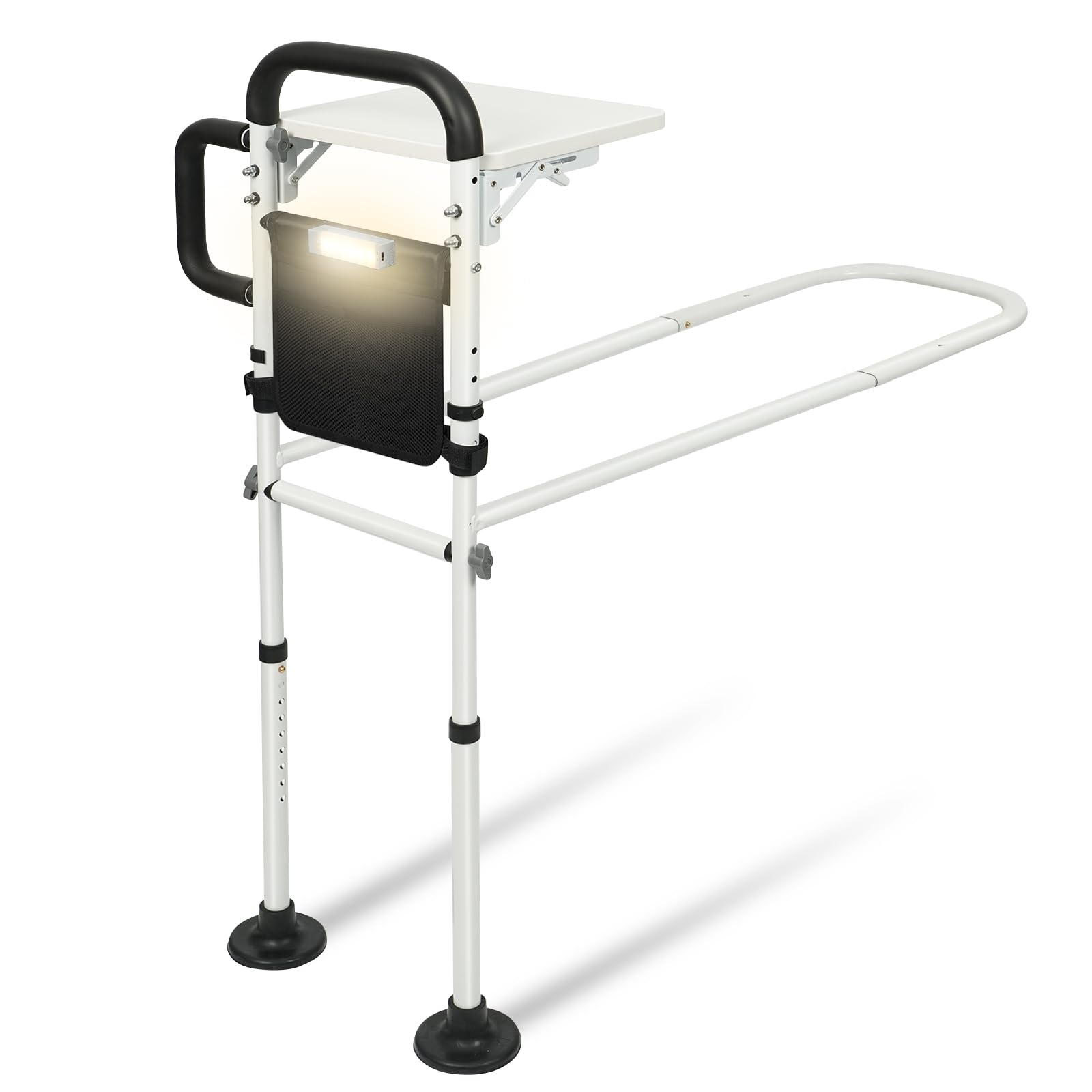 Sponda per letto per anziani e adulti, con tavolo pieghevole, tasca portaoggetti, luce sensore, guida di assistenza regolabile in altezza con manico ergonomico antiscivolo e barra di supporto