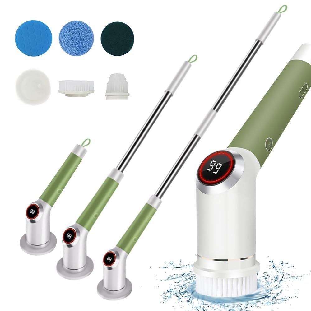 Fregadora Giratoria Eléctrica, Pantalla LCD De Doble Velocidad Impermeable IPX5, Fregadora De Ducha Eléctrica Inalámbrica Con Mango Retráctil, Cepillo De Limpieza Eléctrico For Azulejos De Bañera(Colo