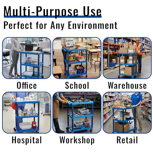 Luxor HE34-BU Utility Cart - 3 Shelves Structural Foam Plastic, Four 4\" Casters, Two with Locking Brake, Ergonomic Push Handle, 24\"W x 18\"D x 34\"H, Offices, Classrooms
